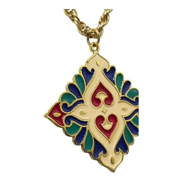Vendome 1970’s Multi-Color Enamel Medallion Pendant Necklace Gold Tone - Picture 2 of 5